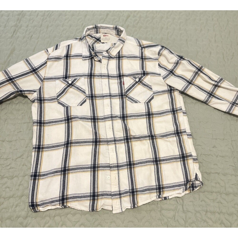 Levi’s Mens XXL Flannel Shirt White Blue Yellow Plaid Button Up Long Sleeve - Picture 16 of 16